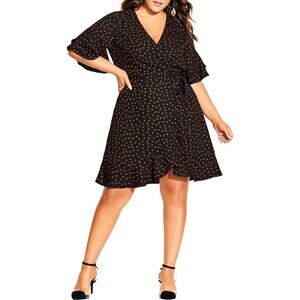 City Chic Black Amber Spot Polka Dot Flutter Sleeve Dress Size  L/20